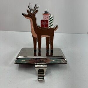 METAL REINDEER CHRISTMAS STOCKING HOLDER SILVER FINISH COLORFUL PRESENTS